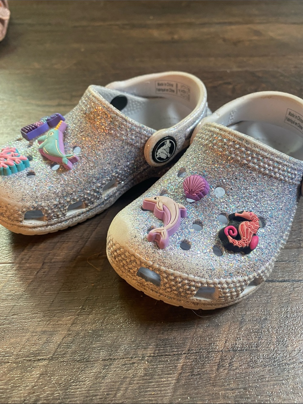 CROCS Kids Glitter Clogs with Mermaid and Sea Charms - Silver